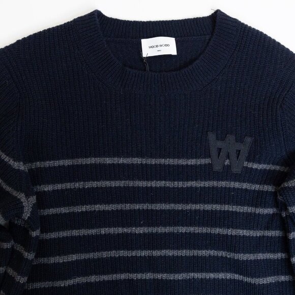 Wood Wood Wool Blend Sweater Louis Jumper Double A Navy Striped Made in Italy - Picture 5 of 14